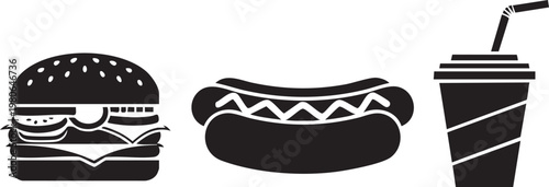 Fast food icons, black and white, restaurant symbols, vector graphics