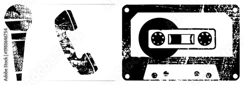 Vintage rotary phone handset and cassette tape, distressed graphic, analog symbols, nostalgic tech elements, black and white vector design.