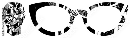 Graphic design featuring a stylized fragmented head and broken eyeglasses, rendered in halftone, black and white, vector art, isolated elements.