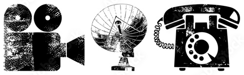 Classic film camera, satellite dish, rotary telephone, retro tech, halftone print, vector, nostalgic communication tools.