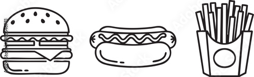 Fast food icons, burger, hot dog, fries, line art, black and white, vector graphics, restaurant symbols