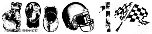 Retro boxing gloves, baseball caps, football helmet, race flag, and number one graphic, halftone texture, sports memorabilia, athletic.