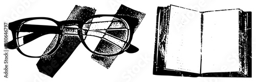 Eyeglasses tied with ribbon bow beside open book, vintage halftone illustration, study or literary theme, reading accessory, academic symbol, graphic.