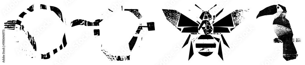Fototapeta premium Abstract bird, bee, and animal shapes rendered in fragmented geometric forms, halftone texture, black and white vector art, graphic design elements, stylized fauna.
