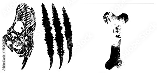 Prehistoric skull silhouette, claw scratch marks, bone, black and white vector art, halftone dot, isolated graphic elements, paleontological illustration.