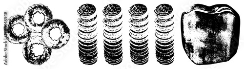 Stacks of old coins and scattered circular tokens, halftone print style, retro currency design, collectible numismatics, graphic.