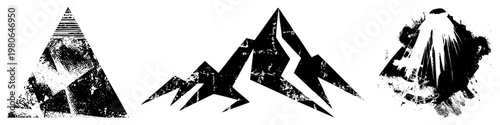 Stylized mountain peaks in triangular and jagged forms, rendered in high contrast halftone, distressed vector art, graphic design elements.