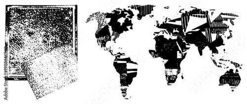 Open book with textured pages beside stylized world map, vector design, educational or travel theme, halftone, isolated graphic elements.