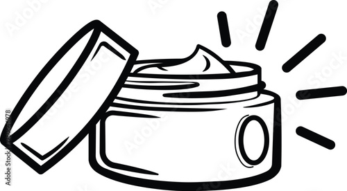 Open jar of creamy skincare product with glowing effect depicted in simple line open lid