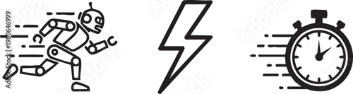 Robot sprinting, lightning bolt, stopwatch icons, speed symbols, vector graphics