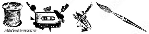 Retro spool of thread, worn cassette tape, quill pen with feather, paintbrush, all in distressed black and white vector art. Vintage creative tools with grunge texture.