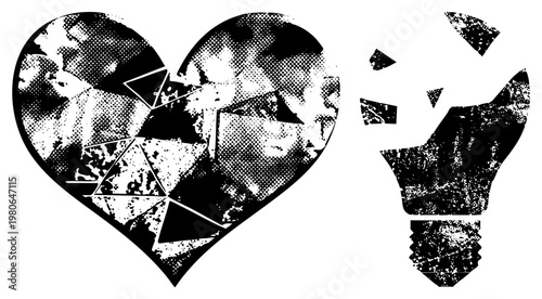 Fragmented heart and shattered lightbulb in halftone style, emotional revelation, creative inspiration, broken love, idea explosion, conceptual design, black and white graphic.