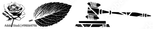 rose bloom, textured leaf, judicial gavel vector, symbolic, graphic design elements, legal and nature motifs.
