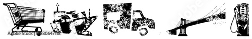 Stylized black and white vector of everyday objects cart, church, truck, bridge, gas pump with fragmented, textured shapes. Great for graphic design, UI, symbolic illustration.
