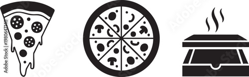 Black pizza icons, pizza slice, whole pizza, oven graphics, food illustrations, 3 elements
