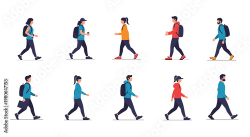 Set of diverse people wearing casual clothes and backpacks walking from left to right in a continuous movement sequence.