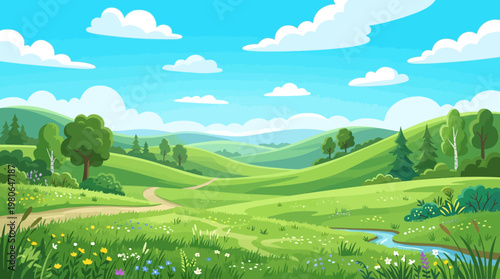 Idyllic cartoon meadow landscape with winding path and blooming wildflowers