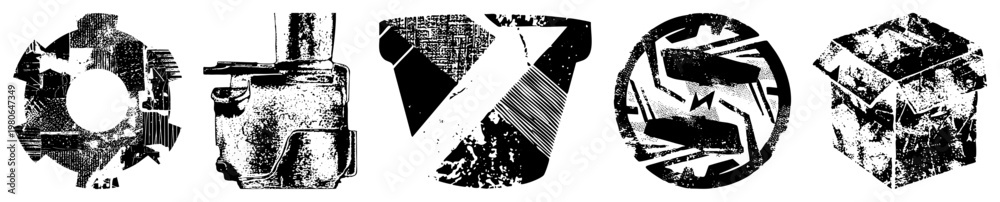 Obraz premium Stylized vector with distressed textures, halftone shading, and fragmented forms, including circular, cylindrical, and cubic silhouettes. Vector graphic elements with gritty aesthetic.