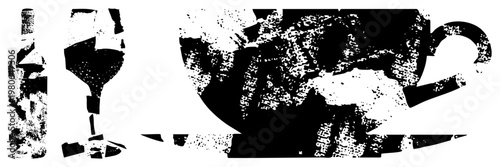 Stylized black and white halftone render of wine bottle, wine glass, and coffee cup, fragmented textures, graphic design elements, vector art, isolated objects.