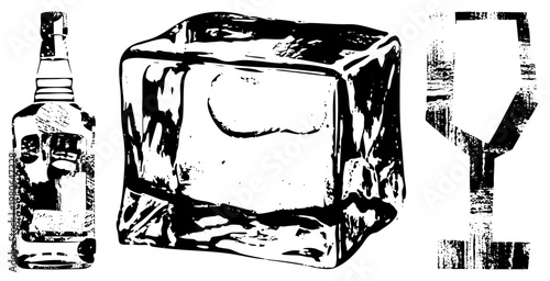Classic liquor bottle, ice cube, wine glass gritty halftone style. Ideal for cocktail branding or bar decor. Synonyms spirits container, frozen refreshment, stemmed glassware.