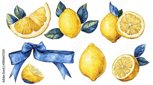 Lemon tree branches seamless on a white background,mediterranean Summer citrus fruit,Hand drawn lemon set,Botanical illustration collection,Whole lemons,banner menu drink summer beach concept.