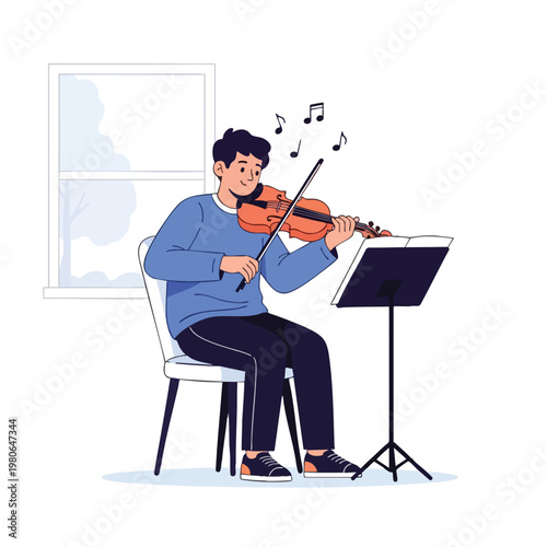 Young Man Playing Violin in a Cozy Home Setting