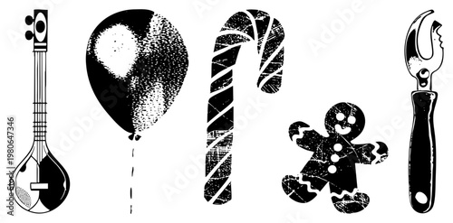 Holiday symbols including festive balloon, striped candy cane, smiling gingerbread man, stringed mandolin, and can opener, rendered in halftone vector style with distressed texture.