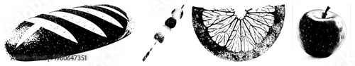 Vintage halftone style illustrations of food items loaf bread, berry skewer, citrus wedge, and. Vector graphic with stippled texture, isolated foreground elements.