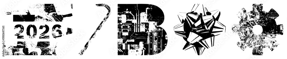 Obraz premium Stylized letterforms with glitchy, corroded textures, tech inspired glyphs, distressed typography, vector, digital decay aesthetic.