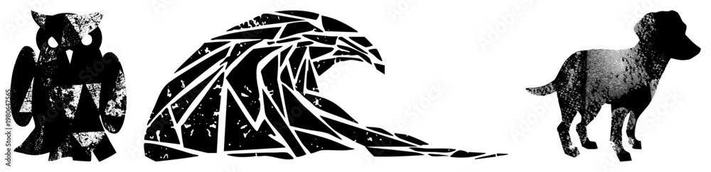Fototapeta premium Graphic trio featuring owl with geometric texture, dynamic wave made of, and dog rendered in halftone dots. All vector illustrations,, isolated foregrounds.