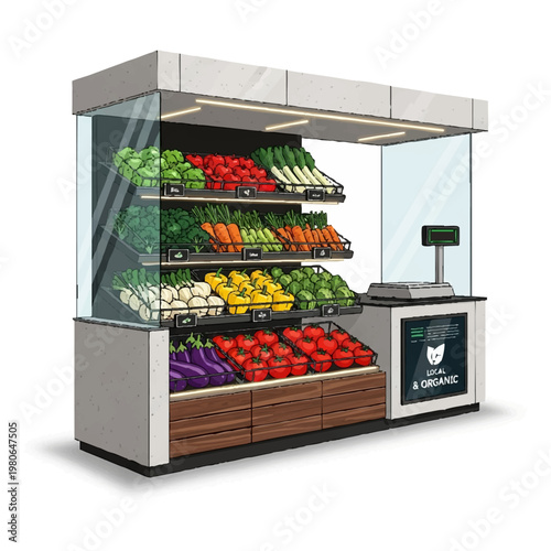 Modern High-Tech Farm Stand with Fresh Produce Display Vector Illustration