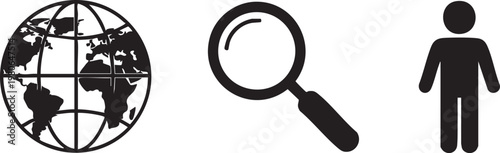 Global search, magnifying glass, human icon, vector set