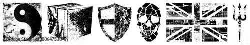 Distressed yin yang, ancient tome, shield, fractured skull, UK flag, trident weapon. Vintage texture, symbolic.