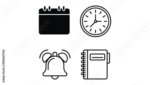 Time Management Essentials: A minimalist illustration of essential time management tools – a calendar, clock, alarm and notebook, signifying organization and productivity. 