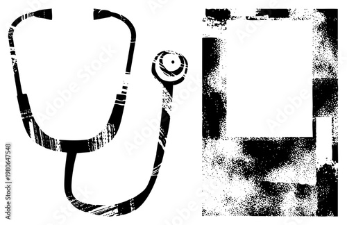 Black and white stethoscope with distressed texture, medical diagnostic instrument, healthcare symbol, halftone graphic, medical, isolated vector design.