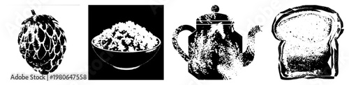 Citrus fruit, rice bowl, teapot, toast slice all rendered in high contrast halftone style, vector illustrations, isolated food elements.