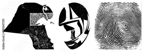 Stylized black and white halftone faces and fingerprint swirls, graphic design elements, vector art, isolated shapes, forensic motif, artistic abstraction.