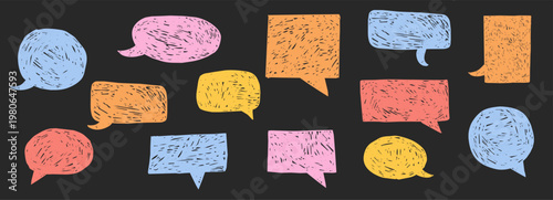 Speech bubble crayon scribble doodle frame set. Text box chalk texture comic talk balloon in sketch style. Pencil dialog balloon,