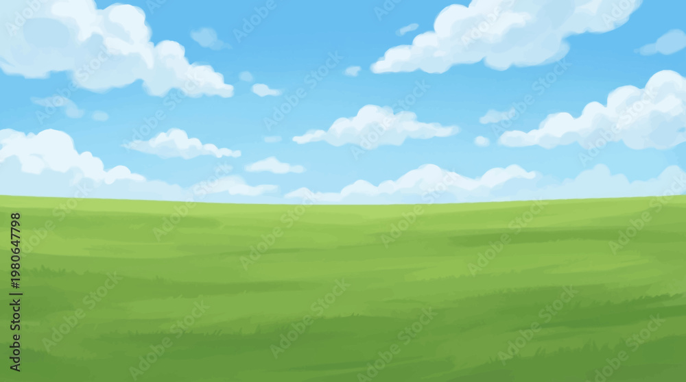 Fototapeta premium Expansive green field with soft brushstrokes under a cloudy blue sky