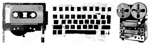 Retro music tech collection including cassette tape, keyboard keys, reel to reel machine, analog equipment, halftone style graphics.