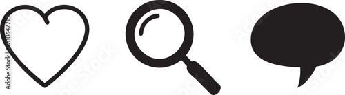 Black icons, heart, magnifying glass, speech bubble, vector graphics, social media symbols, chat signs