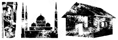 Black and white vector silhouettes of mosque with domes and minarets, rustic wooden cottage with thatched roof, gritty halftone textures, isolated foreground elements.