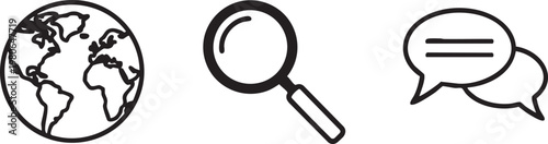 Global communication icons, earth, magnifying glass, chat bubble, line art vector graphics