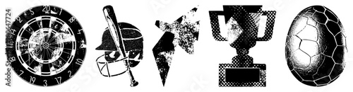 Dartboard, cricket gear,, trophy, soccer ball classic sports symbols rendered in bold halftone, isolated vector graphics for design use.