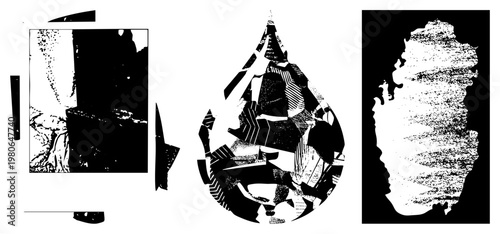 Stylized teardrop silhouette composed of fragmented geometric shapes, halftone texture, and high contrast black and white vector design, isolated on transparent background.