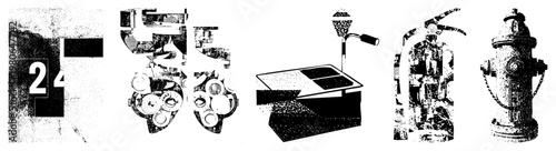 Black and white vector including number 24 sign, fire extinguisher, fire hydrant, street lamp, and weighing scale, minimalist design, isolated foreground elements.