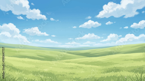 Gentle green rolling hills and soft clouds in a picturesque landscape illustration