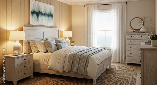 Cozy Bedroom with White Bed and Natural Decor beige walls striped bedding wooden headboard