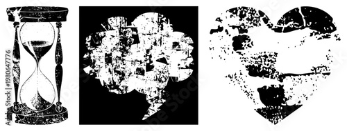 Antique hourglass with chipped ceramic glaze, sand timer, timekeeper, countdown device, aged glass, rustic decor, vector.