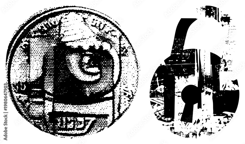 Fototapeta premium Grungy halftone lock and key, security symbols, retro graphic design, distressed typography, vector art, black and white, symbolic.